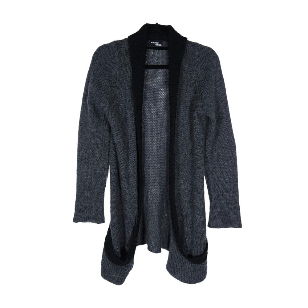 Wooden Ships Cardigan Sweater Small Medium Black Gray Mohair Wool Pockets Cozy